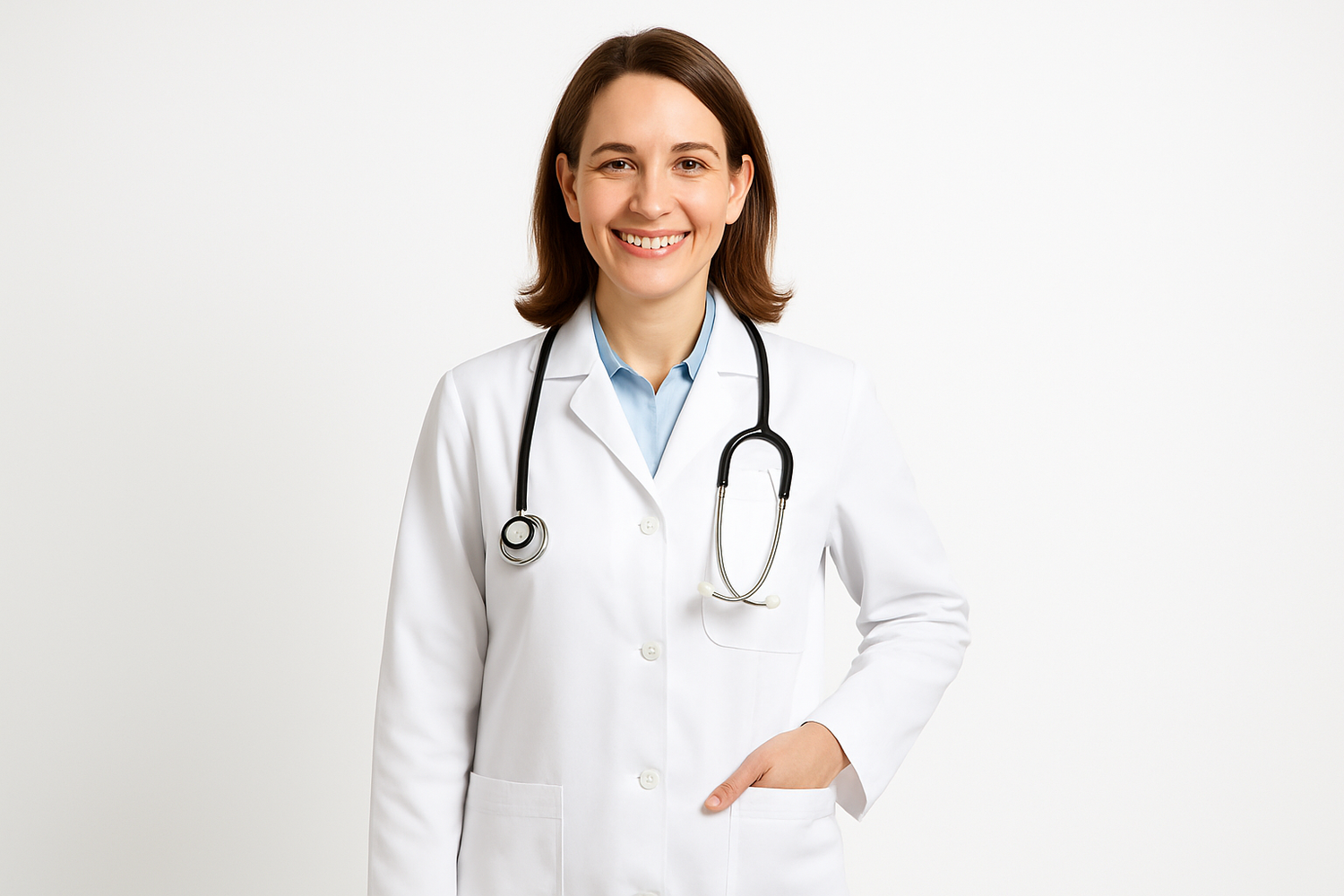 A professional photograph of a Caucasian female pediatrician wearing a white medical coat, smiling, standing on a clean white background. The photo looks like an e-commerce product presentation, bright lighting, high resolution, realistic style.